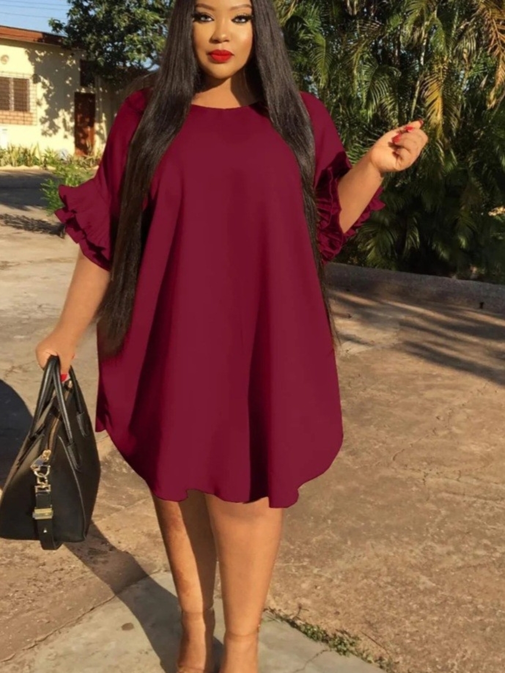 Plus-Size Ruffled Sleeve Swing Dress - Wine